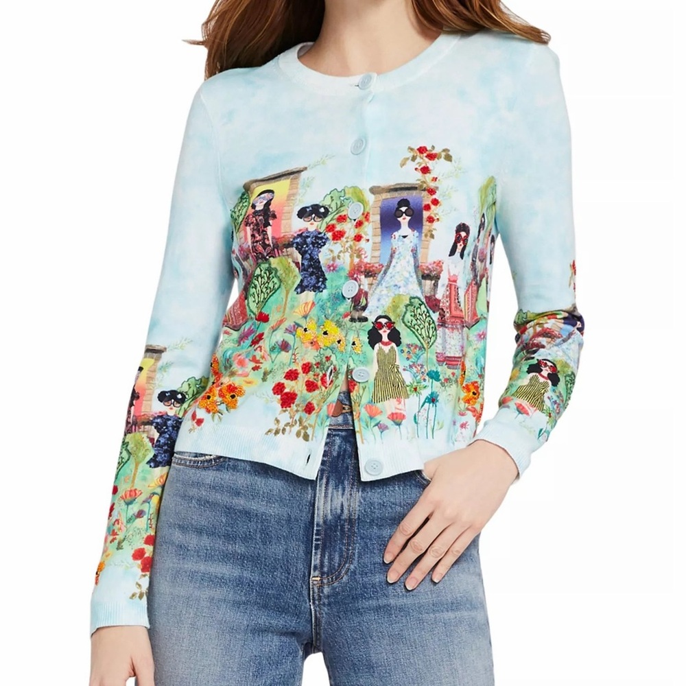 Alice + Olivia Ruthy Palace Cardigan Sweater Blue Green Floral Stace Face XS